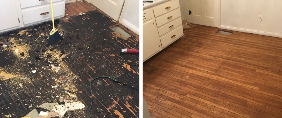 Before and after. Zeb removed layers of flooring and then restored the hardwood floors underneath.
